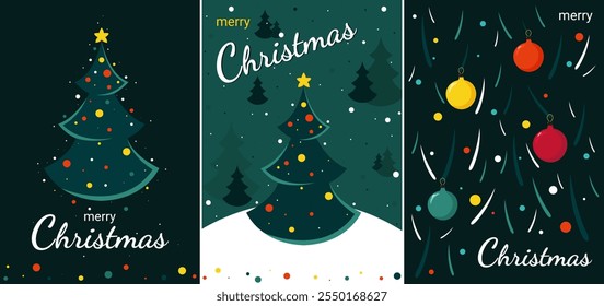Un conjunto de tarjetas de Navidad. Árboles de Navidad y decoraciones de Navidad sobre fondo verde. Navidades saludando. 