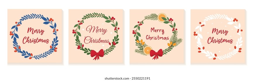 Set of Christmas cards with various wreaths and calligraphy, lettering. Cute and elegant Christmas cards. Vector illustration, flat style.