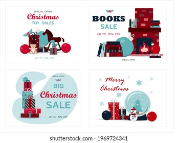 Juego de tarjetas de navidad. Ilustración vectorial de una gran venta de navidad. Chimenea acogedora con libros en el estante. Cartel para la venta de año nuevo, Viernes negro o descuentos de Navidad. Diseño plano.