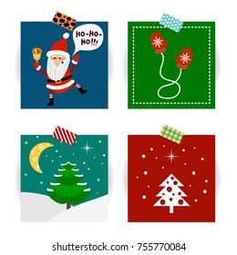 Set of Christmas cards. Vector illustrations of Santa Claus, mittens and Christmas tree