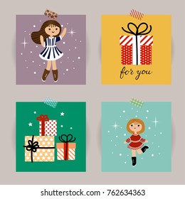 Set of Christmas cards. Vector illustrations of Christmas attributes. Illustration for kids poster, postcard, cover.