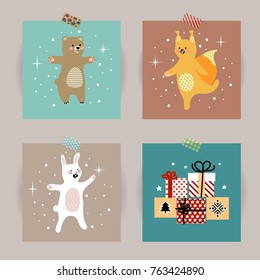 Set of Christmas cards. Vector illustrations of Christmas attributes. Illustration for kids poster, postcard, cover.