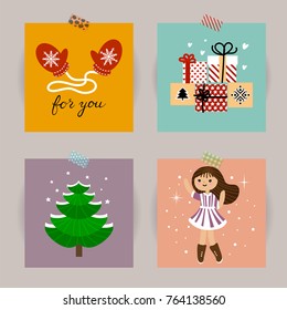 Set of Christmas cards. Vector illustrations of Christmas attributes. Illustration for kids poster, postcard, cover.