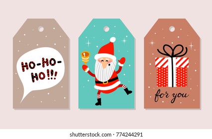 Set of Christmas cards. Vector illustrations of Santa Claus, ho-ho-ho text in speech bubble and Christmas gift.