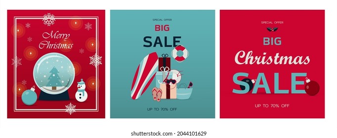 Juego de tarjetas de navidad. Plantilla de vectores para vacaciones de invierno. Cartel para la venta de año nuevo, Viernes negro o descuentos de Navidad. Ilustraciones de diseño plano. Cartas con juguetes y regalos