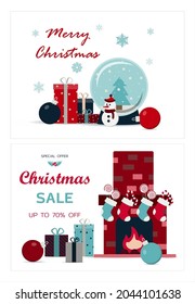 Set of christmas cards. Vector template for winter holidays. Banner for new year s sale, black Friday, or Christmas discounts. Flat design illustrations. Cards with toys and presents
