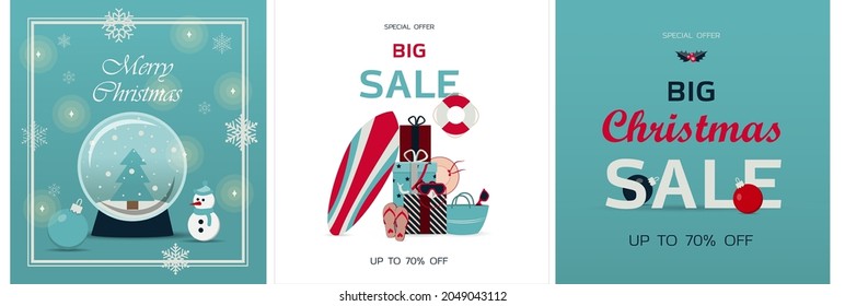 Set of christmas cards. Vector template for winter holidays. Banner for new year s sale, black Friday, or Christmas discounts. Flat design illustrations. Cards with toys and presents