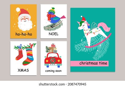 Set of Christmas cards in vintage style. Vector illustration with unicorn, santa head and new year bird