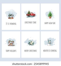 A set of Christmas cards with watercolor drawings and inscriptions. Merry Christmas and New Year cards. Template for postcards and invitations in watercolor style. Vector illustration.