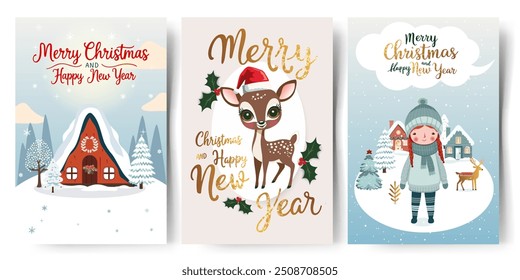 Set of Christmas cards with winter characters. Golden lettering. Childish holiday greeting card collection. New year invitation, banner