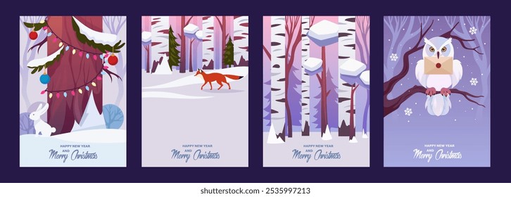 Set of Christmas cards. Winter forest. Trees in the snow. Snowy landscape. 2025 New Year. Vector cartoon illustration.