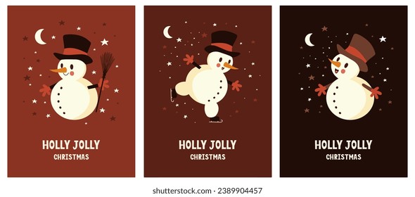 Set of Christmas Cards. Winter Holidays Vector Retro Cards with Cute Happy Snowman. Hand Drawn Funny Snowman on a Red and Brown Background. Handwritten Holly Jolly. Lovely Christmas Print. Rgb Colors.