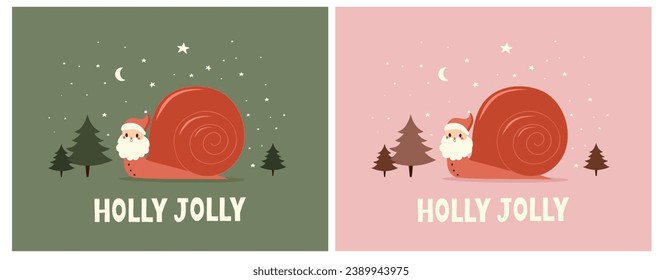 Set of Christmas Cards. Winter Holidays Vector Retro Cards with Cute Happy Santa-Snail. Hand Drawn Funny Santa Claus on a Green and Pink Background. Handwritten Holly Jolly.Lovely Christmas Print.Rgb.