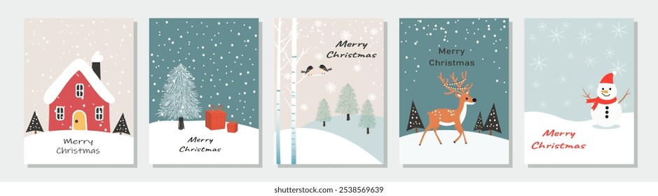 Set of Christmas cards in winter minimalist style. Christmas album, snowman, cute deer, birds in the forest, gifts and beautiful snowflakes. Collection of greeting cards. Invitation, poster, banner.