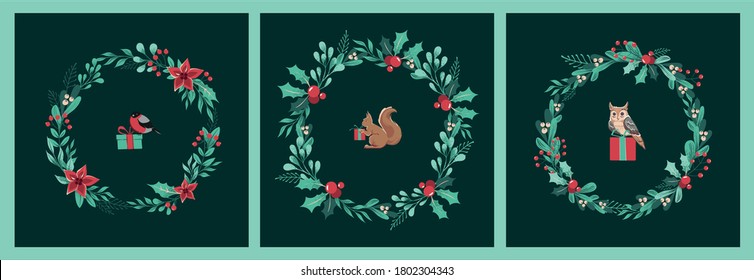 Set of Christmas cards of wreaths of twigs, leaves, berries, holly, white mistletoe, poinsettia with squirrel, bullfinch and owl, gifts in the center.  Retro Christmas animals. Vector illustration. 