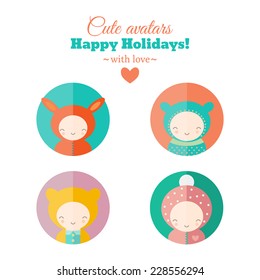 Set of Christmas carnival avatars. Childish characters for web and mobile apps design. Vector icons