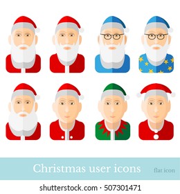 Set of christmas cartoon character santa, dwarf, gnome, wizard, magician, elf, stargazer. User icons in flat style isolated on white