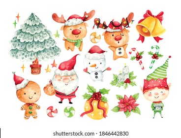 set of Christmas cartoon character in water color vector illustration