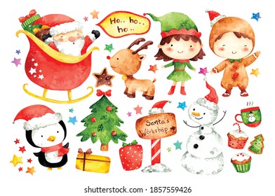 set of Christmas cartoon character in water color vector illustration