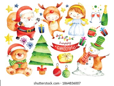 Set Of Christmas Cartoon Character In Water Color Vector Illustration