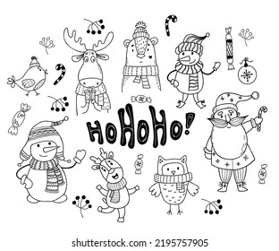 Set Christmas cartoon characters doodle. Old man Santa Claus, snowman, an owl and bear in knitted scarf and hat, an elk, bird and Christmas balls and caramel stick. Isolated Vector hand drawings