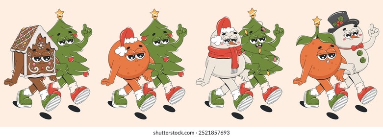 Set of Christmas cartoon characters and elements. Merry Christmas and Happy New year in trendy groovy style. Snowman, gingerbread house, Christmas tree, tangerine. 