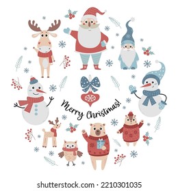 Set Christmas cartoon characters. Old man Santa Claus, gnome, snowman, cute animals bear and chipmunk, deer, elk and owl in knitted clothes. Isolated vector characters for New Years design and decor