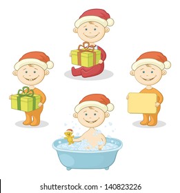 Set Christmas cartoon children in Santa hat: washing in the bathroom with a teddy bear, with the gift boxes and poster. Vector