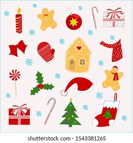 Set of Christmas cartoon decorative elements. Vector illustration for greeting cards, wallpapers,postcard, banner, poster. Isolated.
