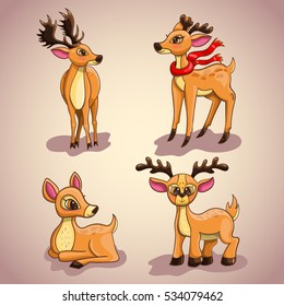 Set with Christmas cartoon deers. Characters illustration