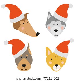 Set of Christmas cartoon dogs. Vector illustration.