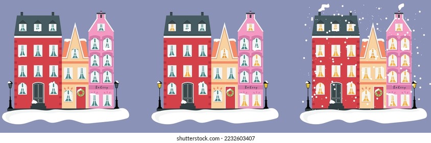 Set of Christmas cartoon houses vector illustration. Little house, colourful house, flat houses illustration. 