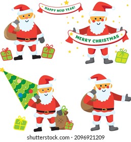 A set of Christmas cartoon illustrations isolated on white. Funny happy Santa Claus character with a gift, gift bag, waving and greeting. For Christmas cards, banners and labels.