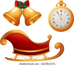 Set of Christmas cartoon items, sleigh, golden bells, clock on transparent background