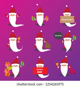 Set of christmas cartoon Santa Claus on 
 violet background vector illustration. Merry christmas background