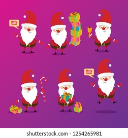 Set of christmas cartoon Santa Claus on 
 violet background vector illustration. Merry christmas background