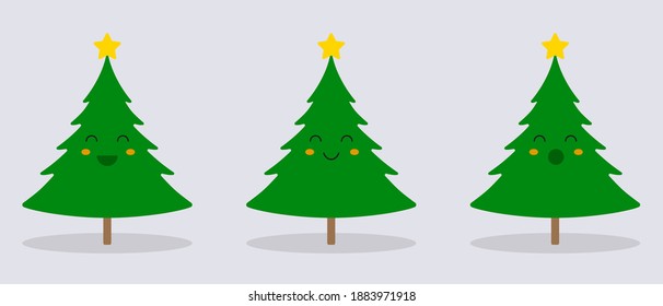 Set of Christmas cartoon trees with different emotions. Vector illustration.