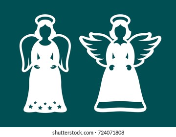 Set of christmas carved openwork angels. Graphic vector for wedding invitations, baby shower, baptism, easter. Silhouette for wood or metal carving. Die cut design. Laser cutting template. 