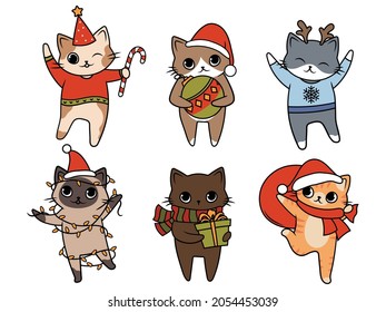 Set of Christmas cat. Collection of cute different holiday kitten with horn deer, tree toys, holiday costume. Happy New Year. Vector illustration for holiday cards.