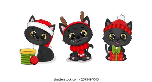 Set of Christmas cat, Merry Christmas illustration of cute black  cat with accessories, hat, scarv and gifts.Vector illustration