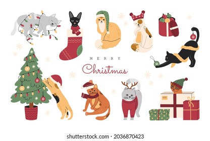 Gatos de Navidad, colección de mascotas graciosas y lindas con sombreros, chándales de punto y pañuelos. Gatitos durmientes con guirnaldas y regalos. Ilustración vectorial dibujada a mano, aislada en fondo blanco