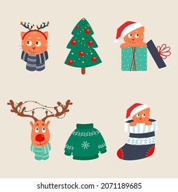 Set of Christmas cats in Santa hats in different poses, deer with garlands on the horns. Vector illustration in flat style.