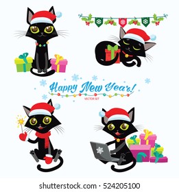 Set Of Christmas Cats Vector. Cartoon Cats With Holiday Gifts. Design For New Year Theme. Cute Black Cats In Christmas Costumes.