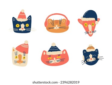 Set of Christmas cats wearing winter accessories like hats and scarves. Vector illustration of cute animal faces in festive outfits displaying various emotions in colorful cartoon style.