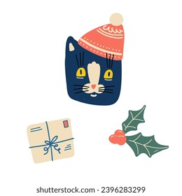 Set Christmas cats wearing winter accessories like hats and scarves on a white background with a gift and a poinsettia.  Vector illustration   in colourful cartoon style.