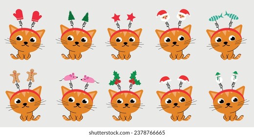 Set of Christmas cats in winter accessories such as a hoop with Christmas trees, gingerbread men, snowflakes. Vector illustration of cute cats in festive outfits, different shapes and colors. Vector