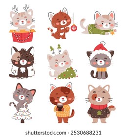 A set of Christmas cats.Merry christmas and happy new year concept background vector.