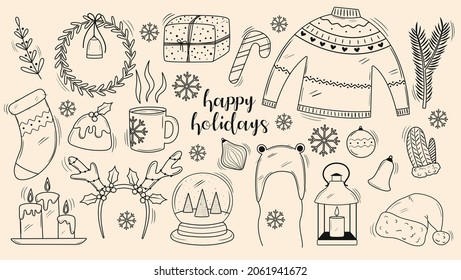 Set of christmas celebration doodle elements: sock, gift, deer antlers, candles, sweater, hat, wreath, decorations. Winter sketch collection of cozy home objects. Hand drawn holiday items