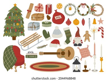 Set of christmas celebration elements: tree, gifts, toys, candles, sled, clothes, decorations. Winter collection of cozy home objects. Hand drawn holiday items