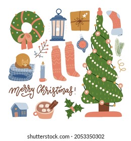 Set of christmas celebration elements - tree, gifts, toys, lantern, clothes and decorations. Winter collection of cozy home objects and cat. Hand drawn holiday items. Flat vector illustration.